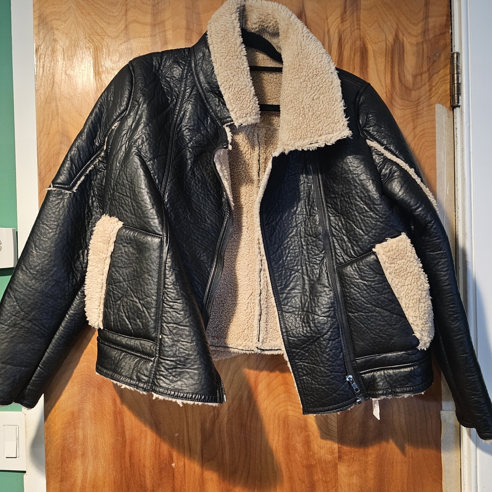 Olivaceous Black and Cream Faux Leather Jacket
